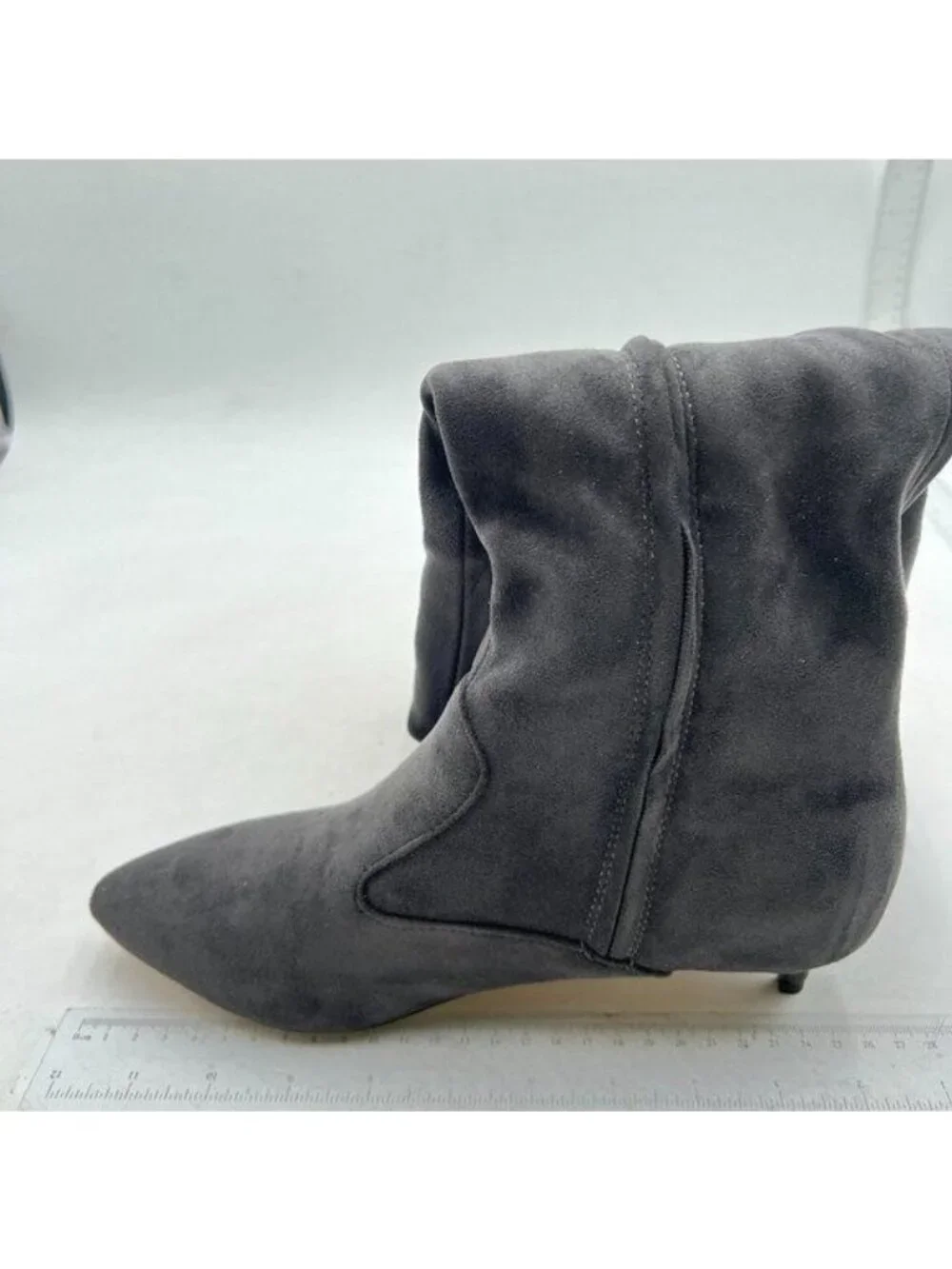 YDN Women Pointed Toe Over The Knee High Stilettos Kitten Mid Heel Grey Suede
